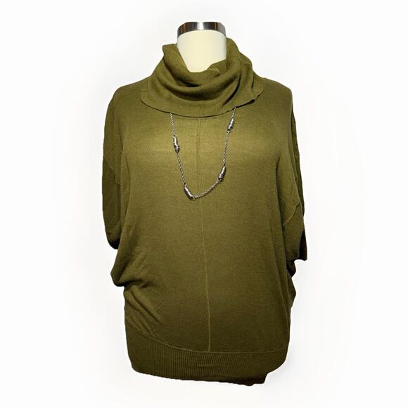 LYS Women’s 2X Olive Green Cowl Neck Knit Sweater Poncho Short Sleeve Oversized - Picture 1 of 7
